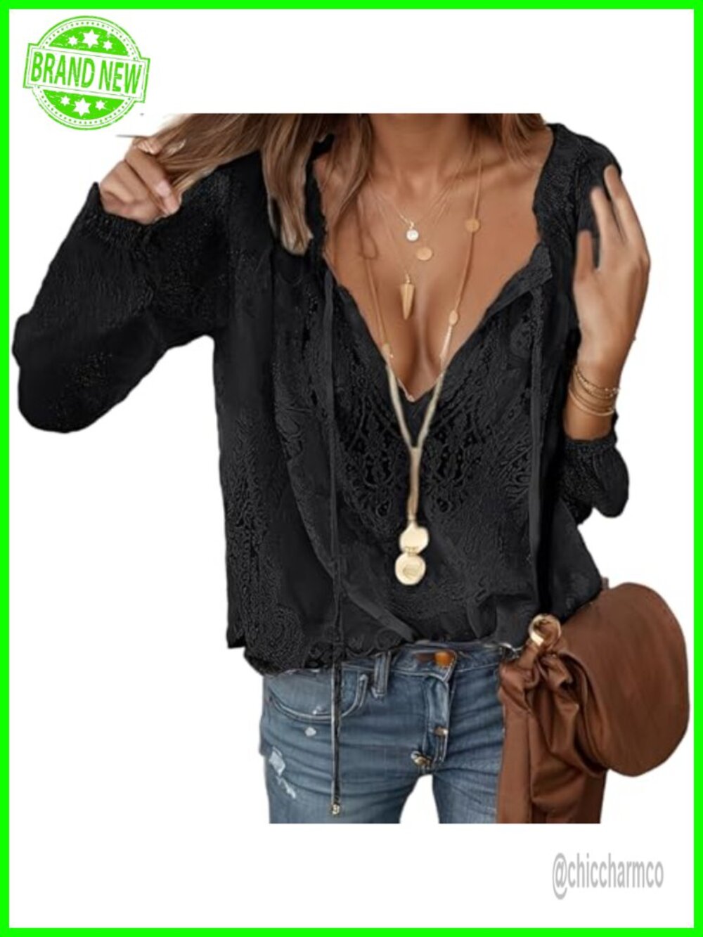 Womens Lace Blouse Long Sleeve V Neck Tie Front Crochet Top